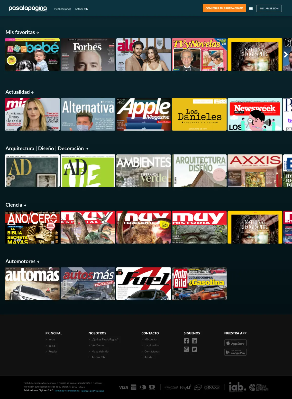 Interfaz de PasaLaPágina con colecciones editoriales organizadas por categorías.